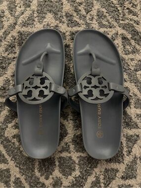 Tory Burch Matte Slate Blue Logo Thong Sandals